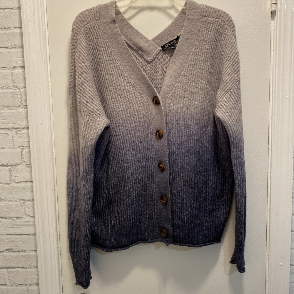 Charlie B Blue Gray Ombre V Neck Reversible cardigan medium  2 Ways 2 Looks In